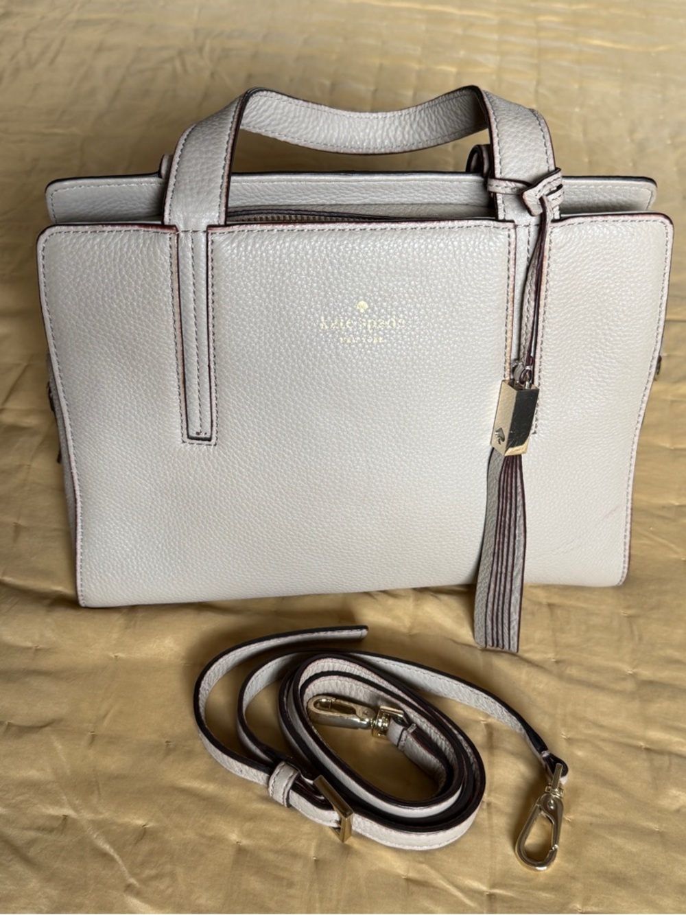 Kate Spade Pebbled Leather Satchel in Light Gray with Silver Hardware